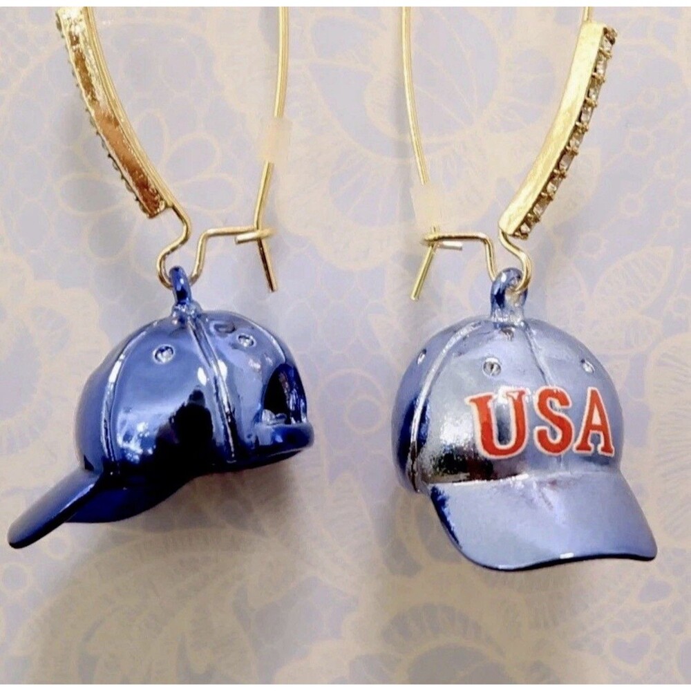 Betsey Johnson Gold Tone & Blue Metallic 3D USA Baseball Hat Drop Earrings NWT